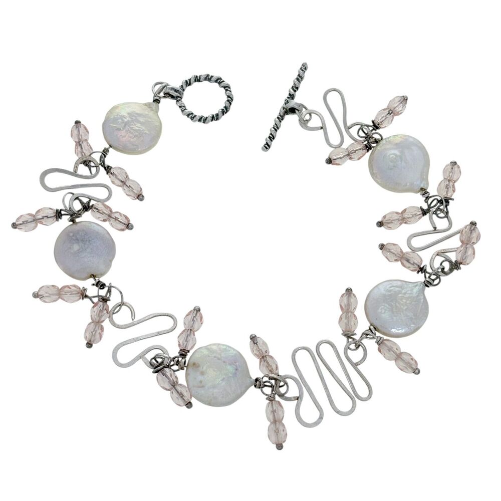 Pearl Crystal Beaded Bracelet | Estate Sterling Silver 925 | 8"